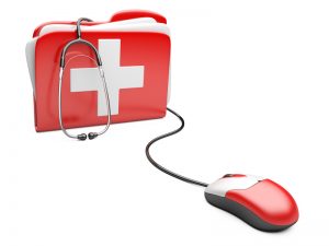 PC mouse with red folder and white cross.  PC computer first aid concept.